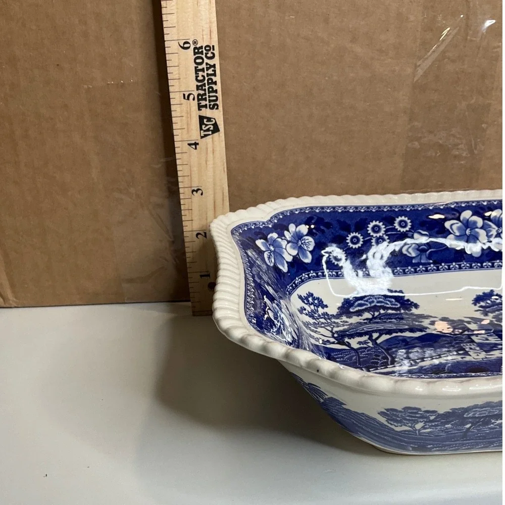 Vintage Spode‎ England Blue Tower Square Serving Bowl Cottagecore Luxury Classic